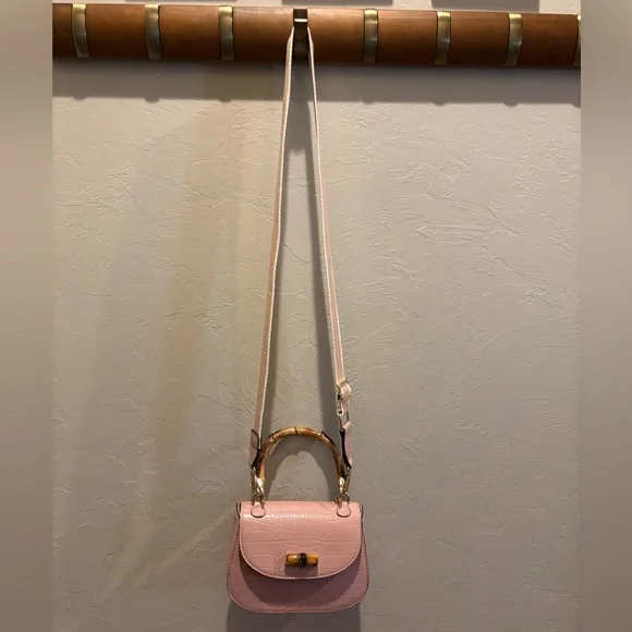 Precious Blush Pink Croc-Embossed Handbag with Bamboo look Handle & Gold Accent - Picture 3 of 6